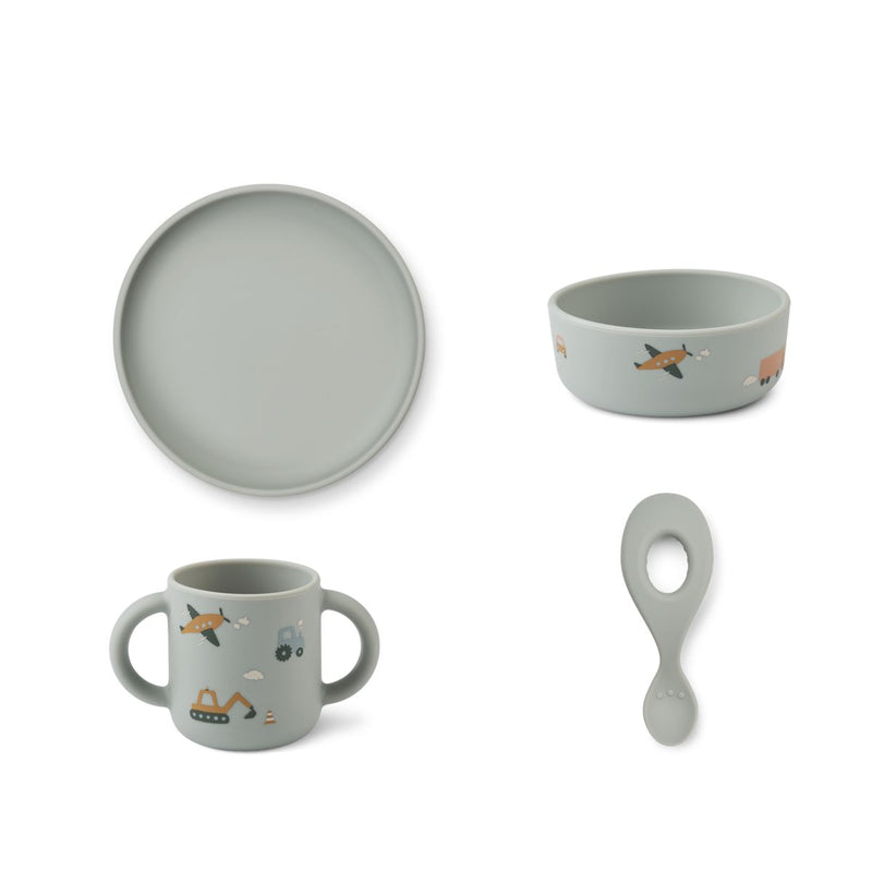 Liewood Vivi Silikongeschirrset 4er-Pack - Vehicles/dove blue mix - Geschirr satz
